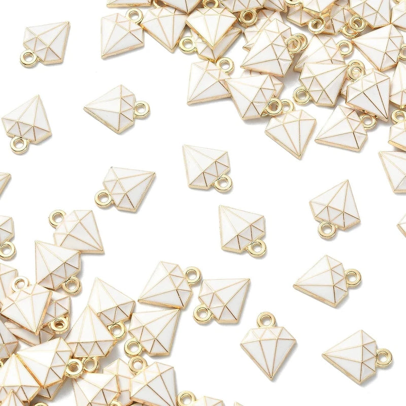 100x Enamel White Diamond Shape Charms Pendants for Jewelry Making DIY Craft Charms