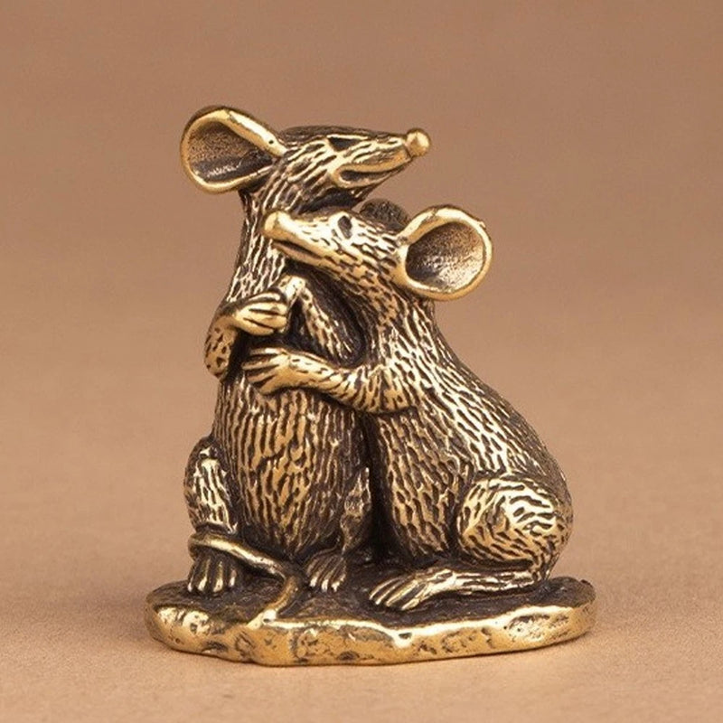 Brass Couple Mouse Animal Statue Small Sculpture Tabletop Figurine Decoration Model