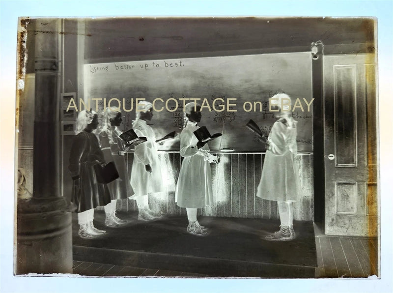 1904? antique PLAINFIELD ct GLASS NEGATIVE photo SCHOOL STUDENTS at CHALK BOARD Model