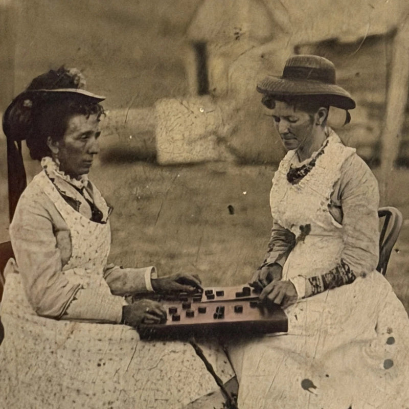 c.1880 Tintype Women Playing Checkers Hand Tinted Board Parasol Rural Barn Photo Model