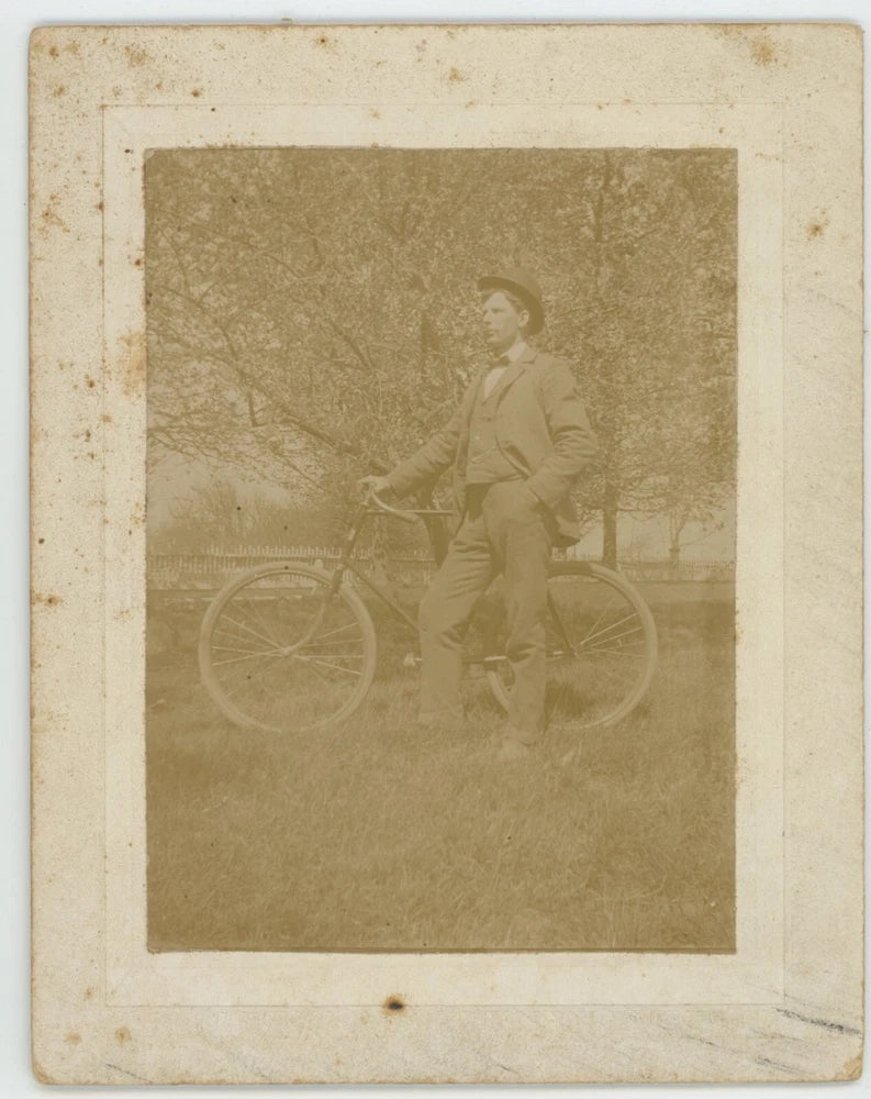 Vintage Photo on Board James Delong Bicycle Handsome Hat Scenic Bike Ride 1890s Model