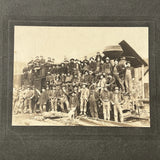 Antique Photograph On Board Large Group, Railroad,  Train Engine, Dog, Workers Model