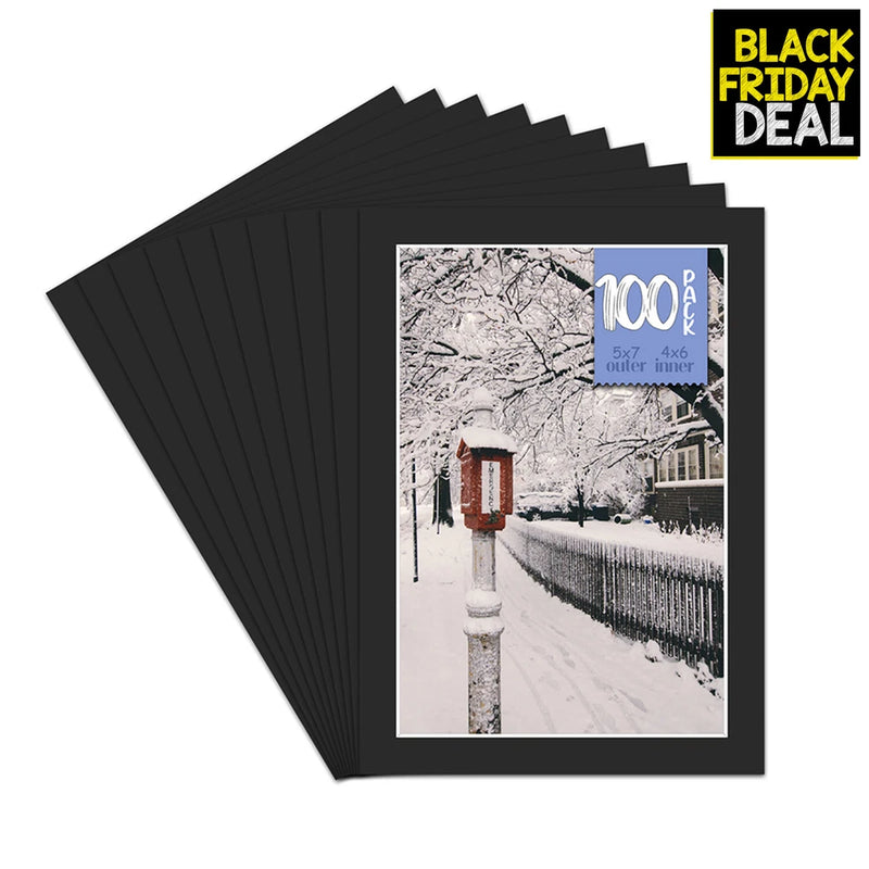 100 Pack 5x7 Black Picture Mat Boards Fits 4x6 White Core Bevel Cut Framing Model