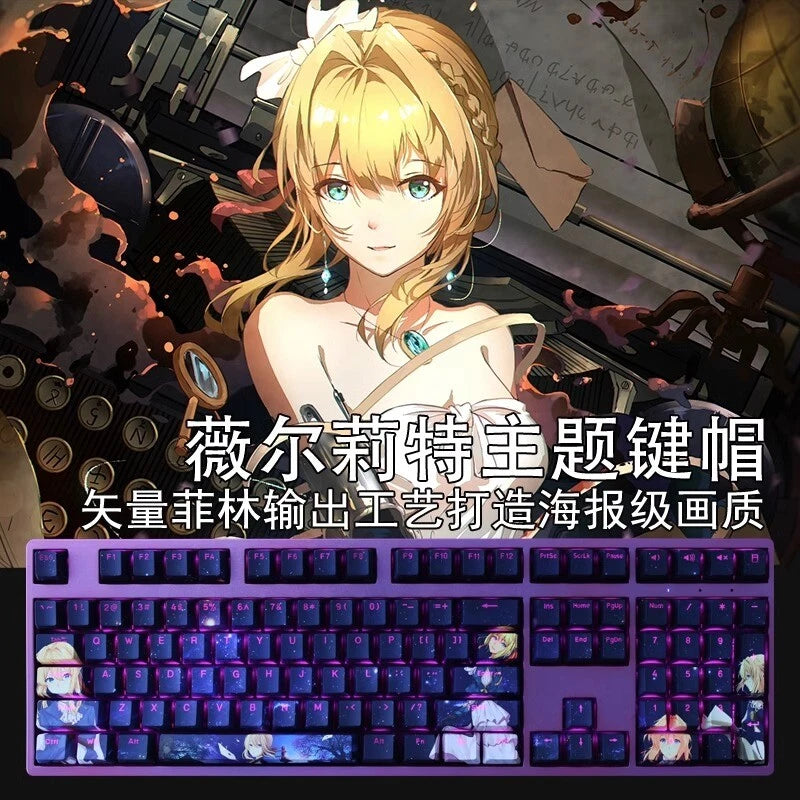 Violet Evergarden PBT Mechanical Keyboard Keycaps Purple Starry Sky 108 Keys Model
