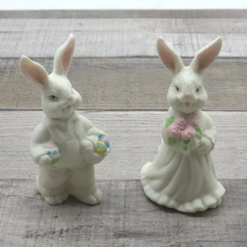 Vintage 3.5" Ceramic Bride & Groom Bunny Rabbit Figurines Wedding Easter Pair Model