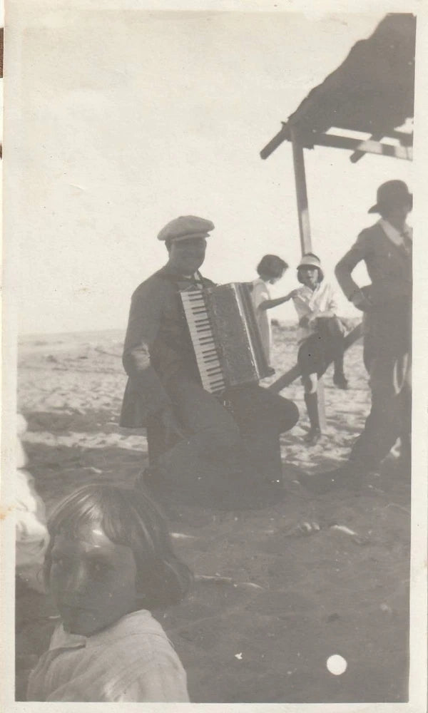 Vintage 1920s Photo Man Playing Accordion Beach Kids See Saw Board Snapshot Model
