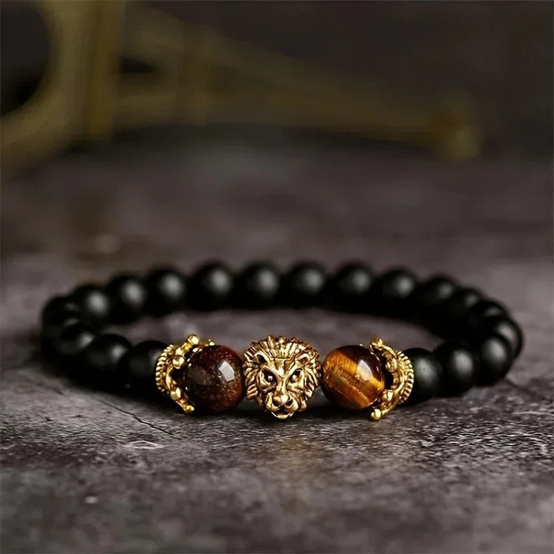 Tiger Eye Black Onyx Beaded Lion Charm Stretch Healing Strength Bracelet for Men Charms