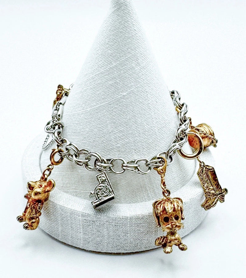 Vintage Monet Charm Bracelet 9 Charms Silver Toned Double Chain Gold Tone Charms Charms
