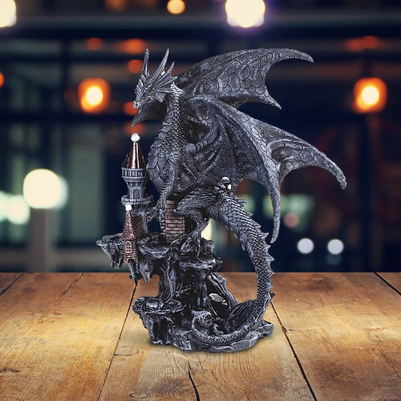 Medieval Black Dragon on Castle Statue 7.75"H Fantasy Figurine Room Decor Model