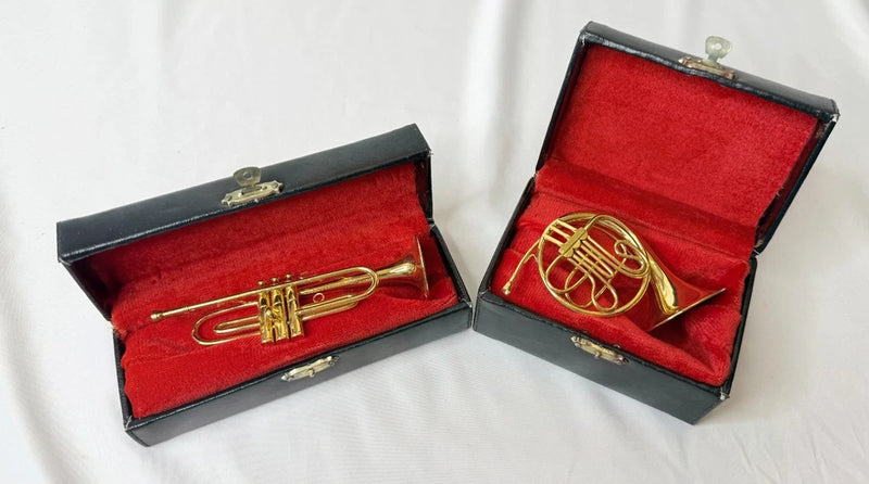 Mini Brass French Horn & Trombone Set w Display Cases Instrument Figurines China Model
