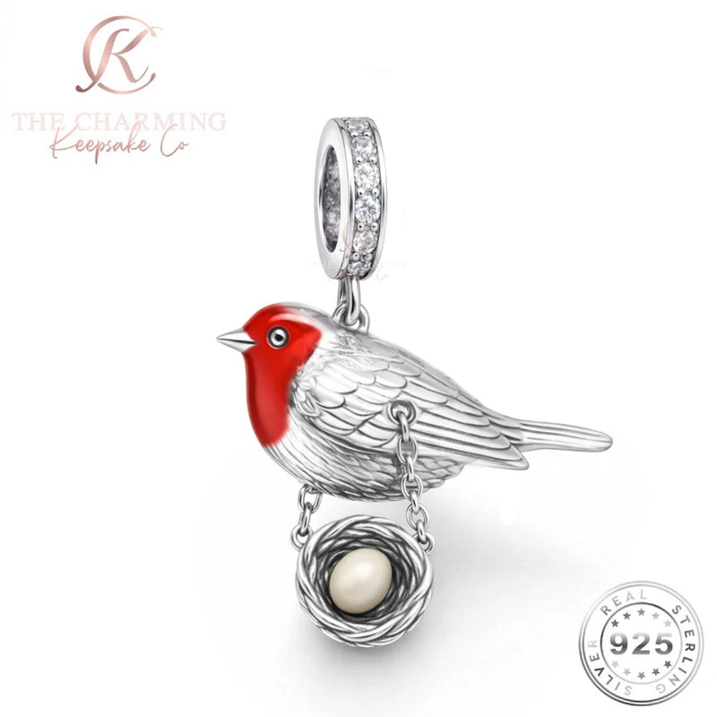 Silver Red Robin Bird Charm Genuine 925 Sterling Silver - Memorial Charms