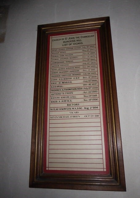 Photo 6x4 St John the Evangelist, Burgess Hill: incumbency board  c2015 Model
