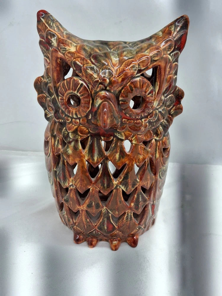 Ceramic Owl Luminary Figurine Candle Holder Lantern Display Statue 10 3/4" Model