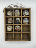 VTG Emson Miniature Ceramic Owls Set In Hanging Display Wood Box Set Of 8 Model