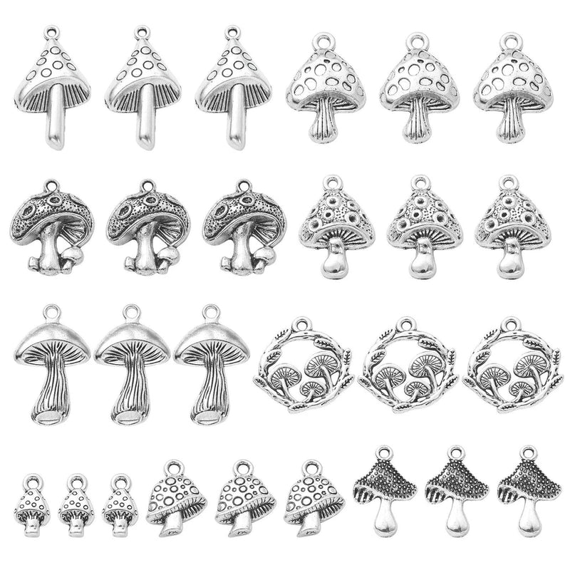 90pcs Antique Silver Mushroom Charms Tibetan Mushroom Pendants for DIY Jewelry Charms