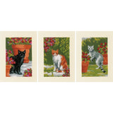 Vervaco counted cross stitch kit Greeting Cards "Cats between Flowers" Set of 3, Model