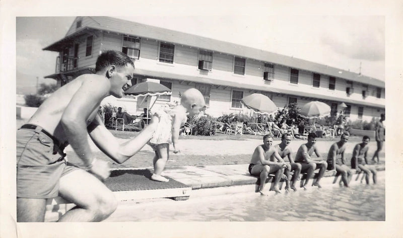 Vintage 1943 Men Baby Sitting Diving Board 1940s Photo Happy Family Cute Model
