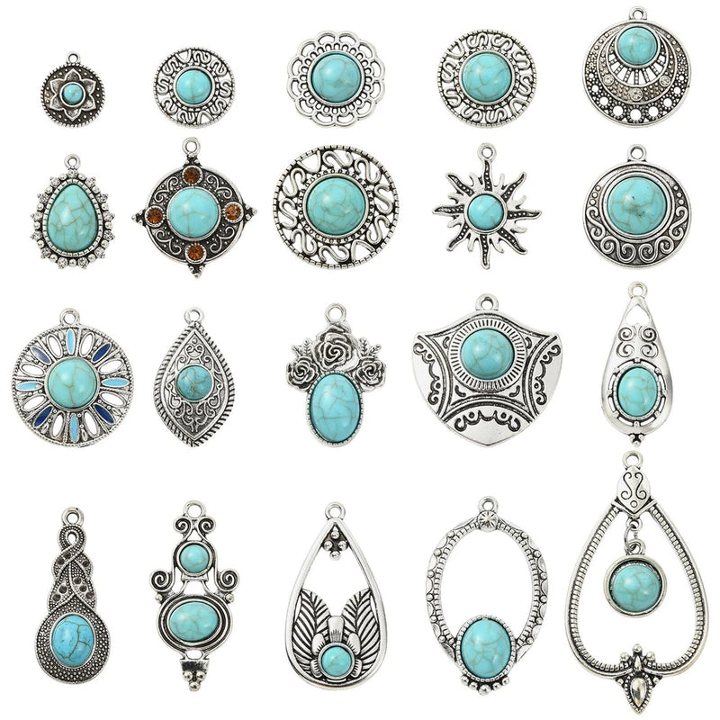 20PCS Tibetan Synthetic Turquoise Charms Round Oval Western Charms for Jewelry Charms