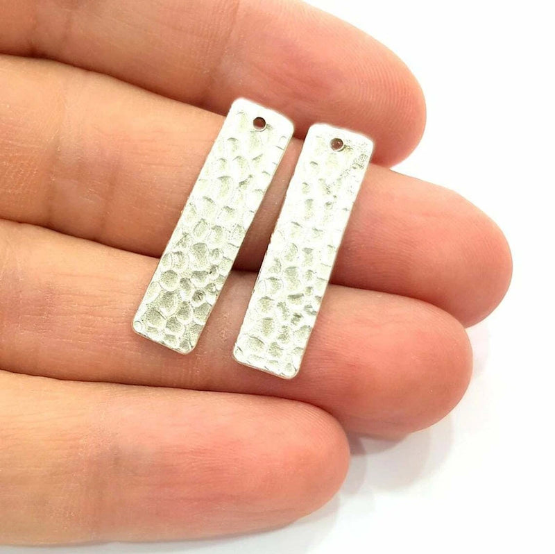 2 Hammered Dangle Charms Stamp Tag Flake Antique Silver Plated Brass Charms