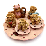 Vintage Miniature Teddy Bear Tea Set Pink Apple Resin Figurines 8 Piece Tray Model