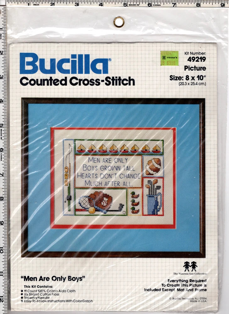 "Men Are Only Boys" Vintage Bucilla Counted Cross Stitch Kit # 49219 NIP SEALED Model