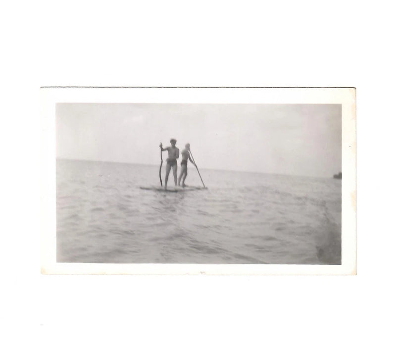 1942 Paddle Board Two Men Real Photo Lake Swimming 4.5 x 2.75 Lake Vintage Model
