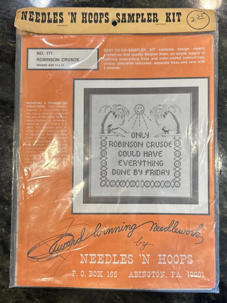 Vtg Needles 'N Hoops Cross Stitch Sampler Kit Robinson Crusoe #171 NEW Model