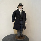 Male Figurine Man in Black Coat & Hat on Display Stand, Porcelain Fabric Model
