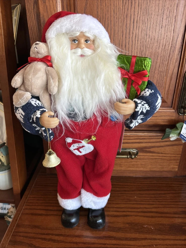 Santa Figurine Figure Tabletop Decor 18" W/Stuffed Bear, Gift & Bell Model