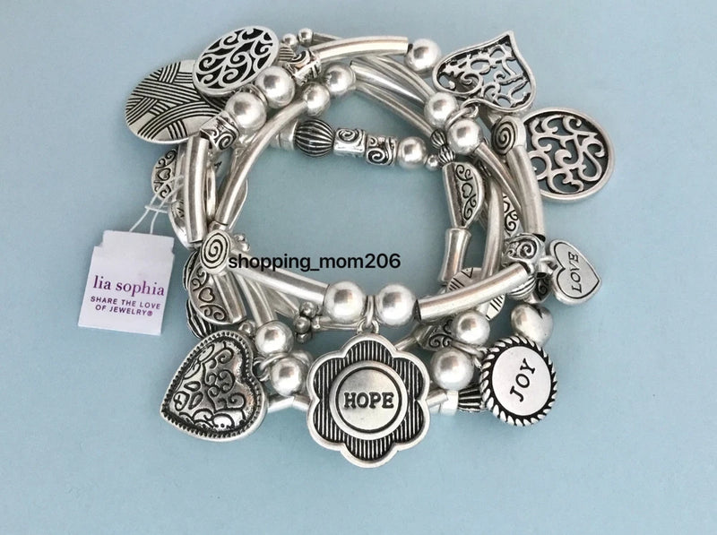 Lia Sophia "Menagerie¡± Matte Silver Tone w/Charms Stretch Bracelet Set RV$78 Charms