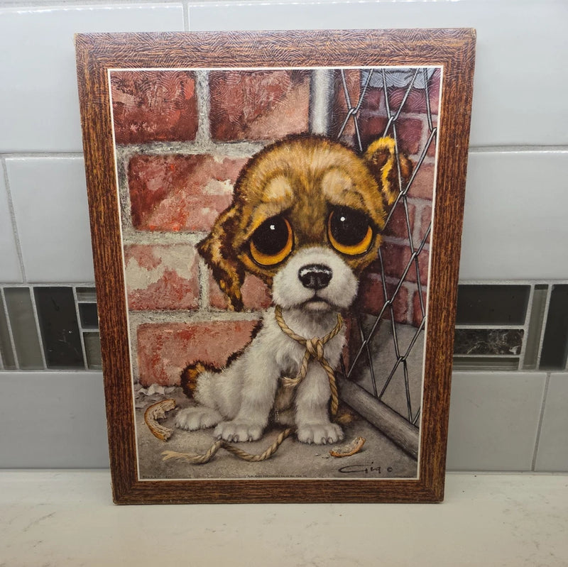 Vintage Litho GIG Big Sad Eye Puppy Dog Litho Picture On Pressed Board 11" x 14" Model
