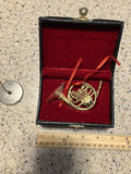 Miniature French Horn Brass Figurine In Red Velvet Lined Case Plus Display Stand Model