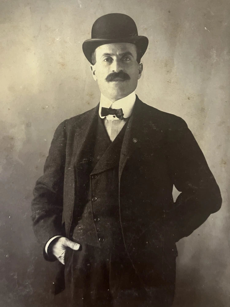 Dashing Man Mustache Bowler Hat And Formal Suit Antique Photo On Board 5 x7 Model