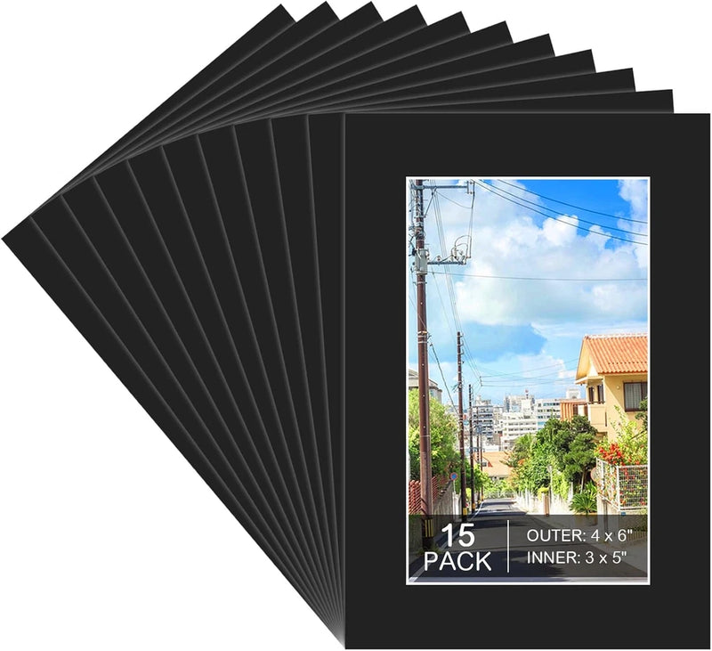 Prudiut 15 Pack 4X6 Black Picture Mats for 3X5 Photos, Bevel Cut Mat Boards Model