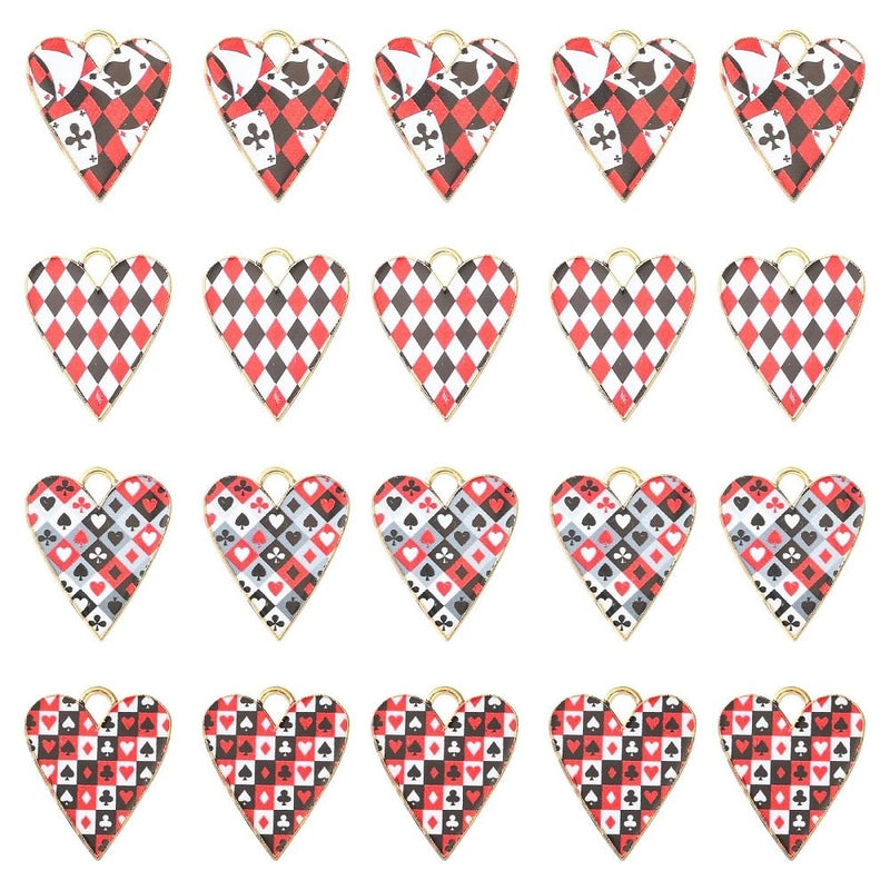 20pcs Enamel Heart Charms Playing Poker Card Print Alloy Pendant for Jewelry DIY Charms