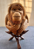 Vintage Hand Carved Coconut Shell Monkey Orangutan Statue Folk Art w/ Stand Model