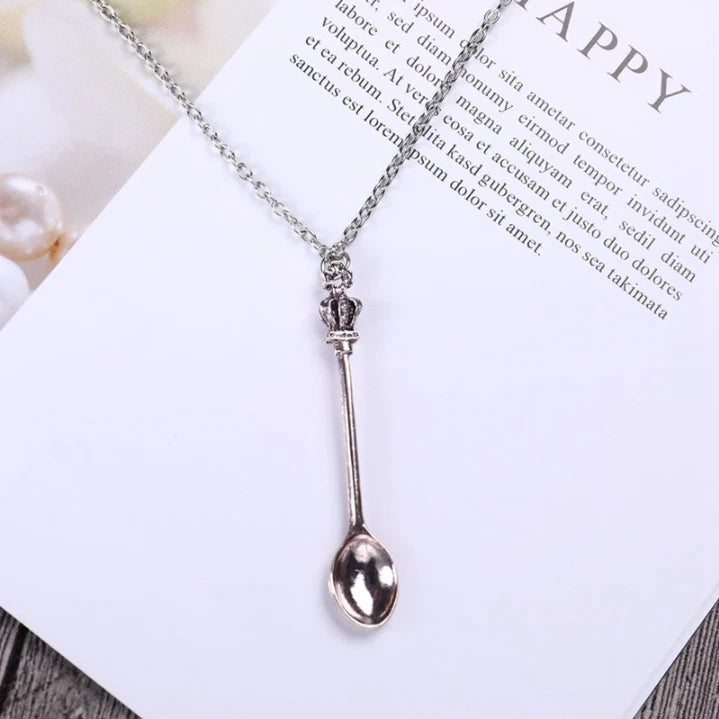 Tiny Silver Tea Spoon Shape Charm Silver Pendant Necklace With Crown - Gift Charms