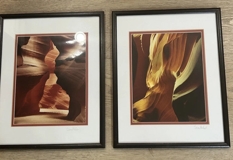2 framed photos of Antelope Canyon warm lighting and dark shadows  Sam Pathi Model