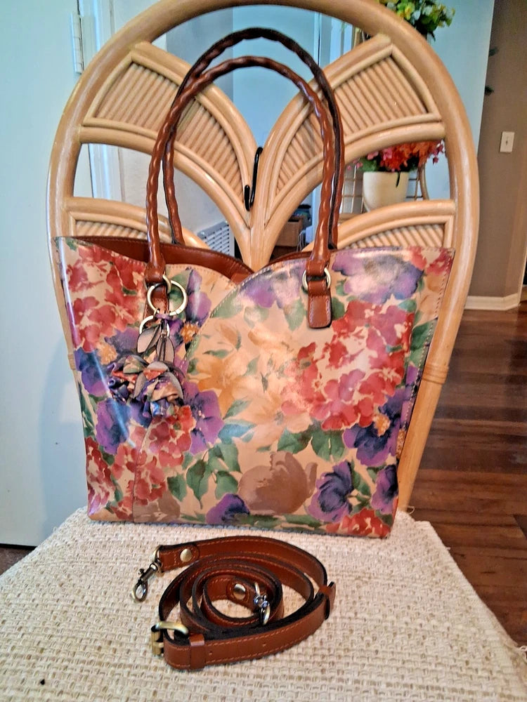 Patricia Nash French Hydrangea Floral Large Leather Crossbody Tote *EUC* Charms