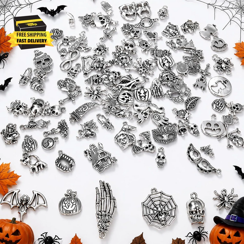 100 PCS Halloween Charms for Jewelry Making, Silver Metal Pendants for Earrings, Charms