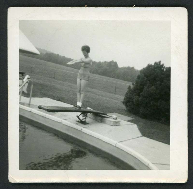 Woman Posed on Diving Board Swimsuit Pool Vintage Photo Snapshot 1950s Summer Model