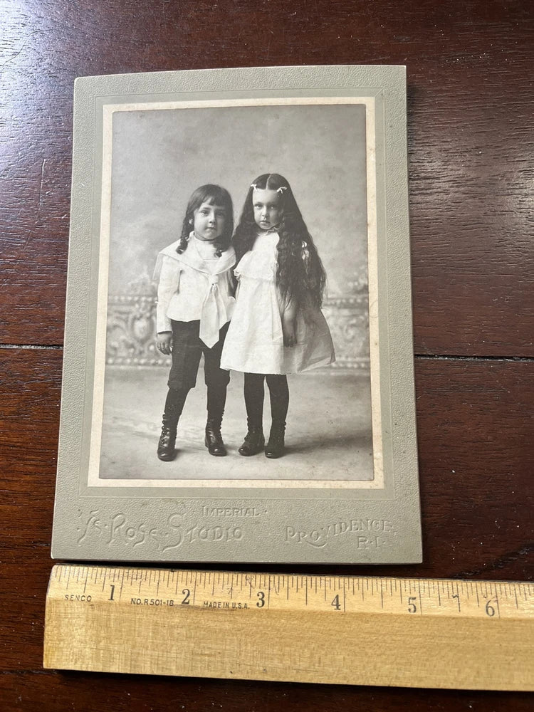 Photo on Board, Boy and Girl, Long Hair, Bows, Providence RI Model