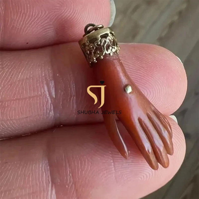 925 Sterling Silver Coral Gemstone Handmade Figa Hand Charm Pendant Jewelry Charms