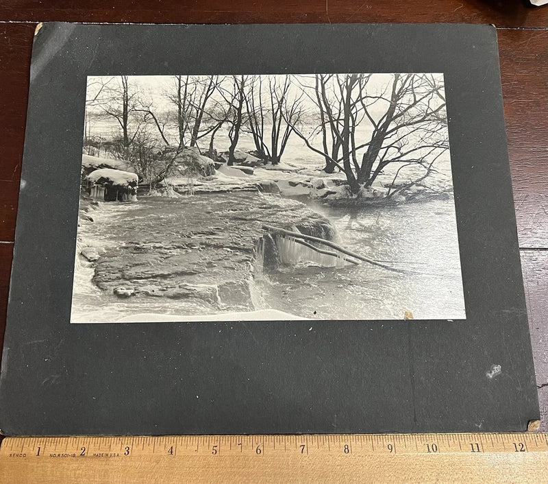 Photo on Board, Winter Snow, Icy Water, Falls on Stream Inspirational Model