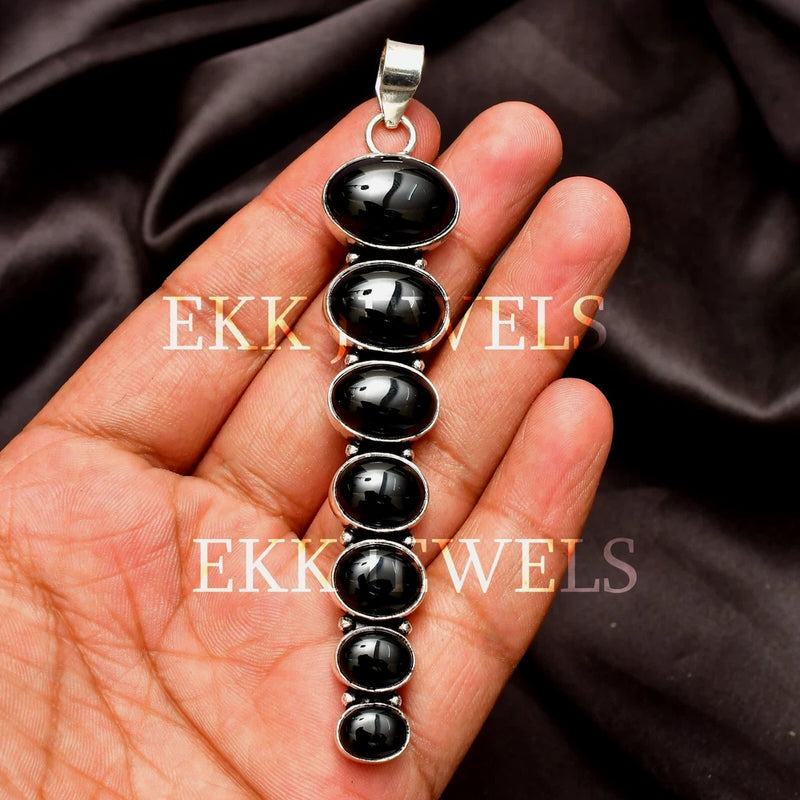 Natural Black Onyx Gemstone 925 Sterling Silver Handmade Jewelry Pendant 2.80" Charms