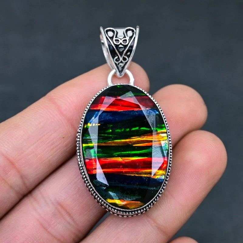Ammolite Opal Gemstone 925 Sterling Silver Pendant Handmade Jewelry Gift For Charms