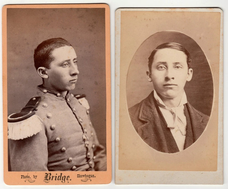 c1880 Maine Militia Uniform CDV Pair Skowhegan Bridge Photographer Model