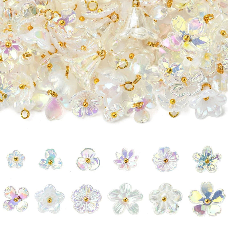 150pcs Mix Styles Acrylic Flower Pendants Floral Bead Dangle Charms for Jewelry Charms