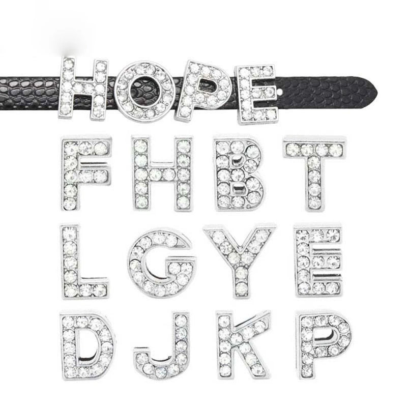 20 Rhinestone Alphabet Letters Slide Beads Charm Fit 10mm Wristbands DIY Name Charms