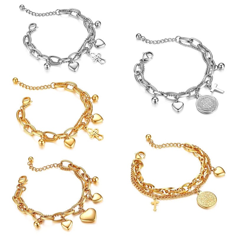 Stainless Steel Heart Charm Chain Link Bracelet Adjustable for Women Girls Charms